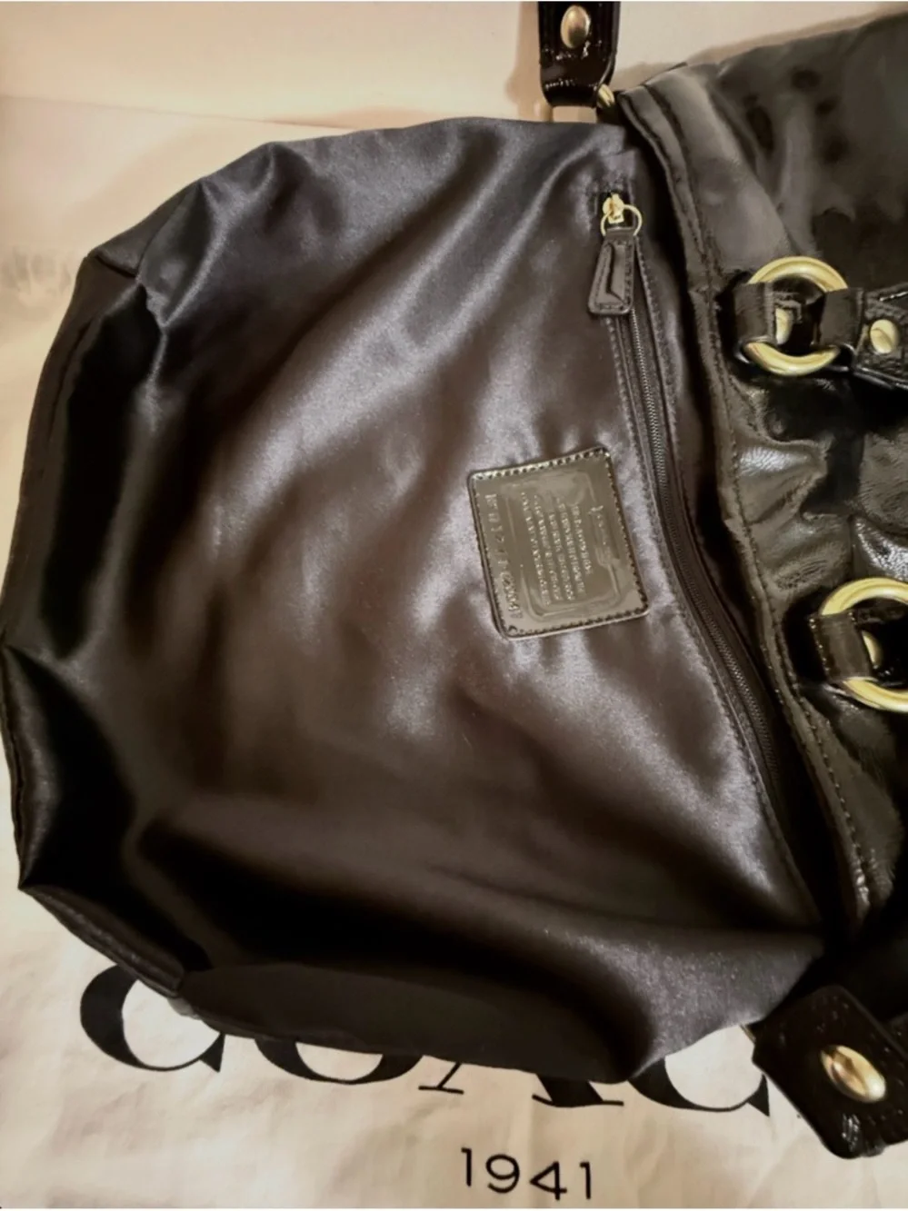 Coach Poppy Black Liquid Gloss Shoulder Bag w/ Glitter Tag & Dust Bag